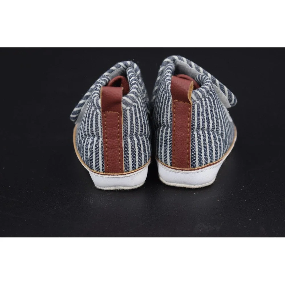 Baby B'gosh Crib Shoes Kids NB Blue White Excellent Striped Hook Loop OK02304